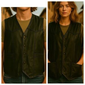 Vintage 80s Men’s Fine Leather Snap Button Black Western Biker Vest